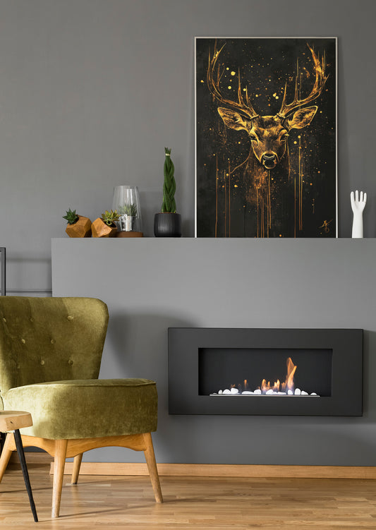 Wandbild im Rahmen: goldener Hirsch mit Geweih und Spritzdekor auf dunklem Grund