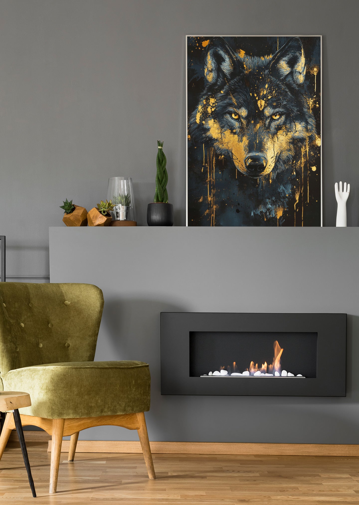 Gerahmtes Wolfsposter oder Leinwand mit dunklem Fell und goldenen Spritzern