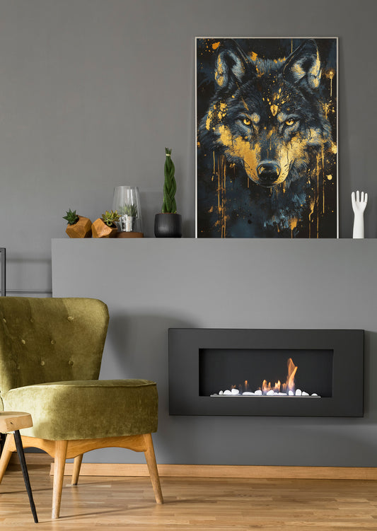 Gerahmtes Wolfsposter oder Leinwand mit dunklem Fell und goldenen Spritzern