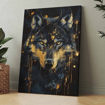 Poster oder Leinwand mit Wolfskopf, schwarzem Fell und goldenen Farbspritzern