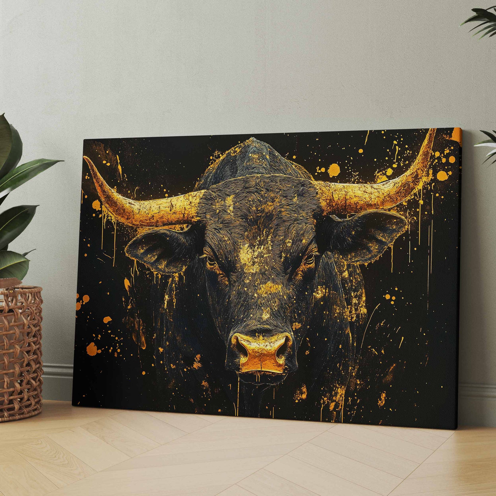 Wandbild: goldener Stierkopf mit Hörnern auf dunklem Hintergrund, Spritzdekor