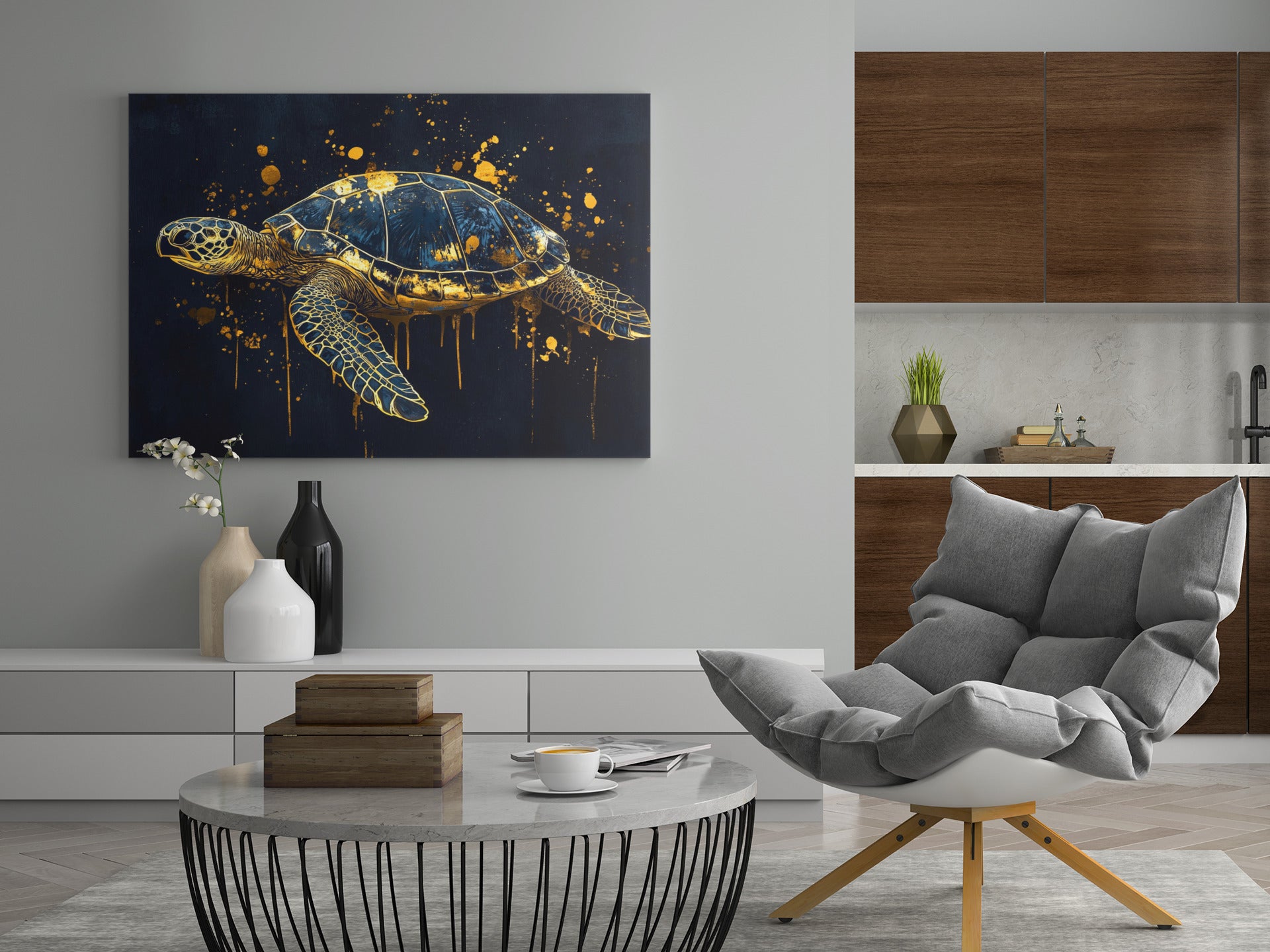 Poster oder Leinwand mit Meeresschildkröte in Gold, Spritzern und Tropfen, dunkelblauer Hintergrund