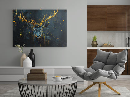 Abstrakte Hirsch-Leinwand mit goldenen Hörnern über dunklem Muster