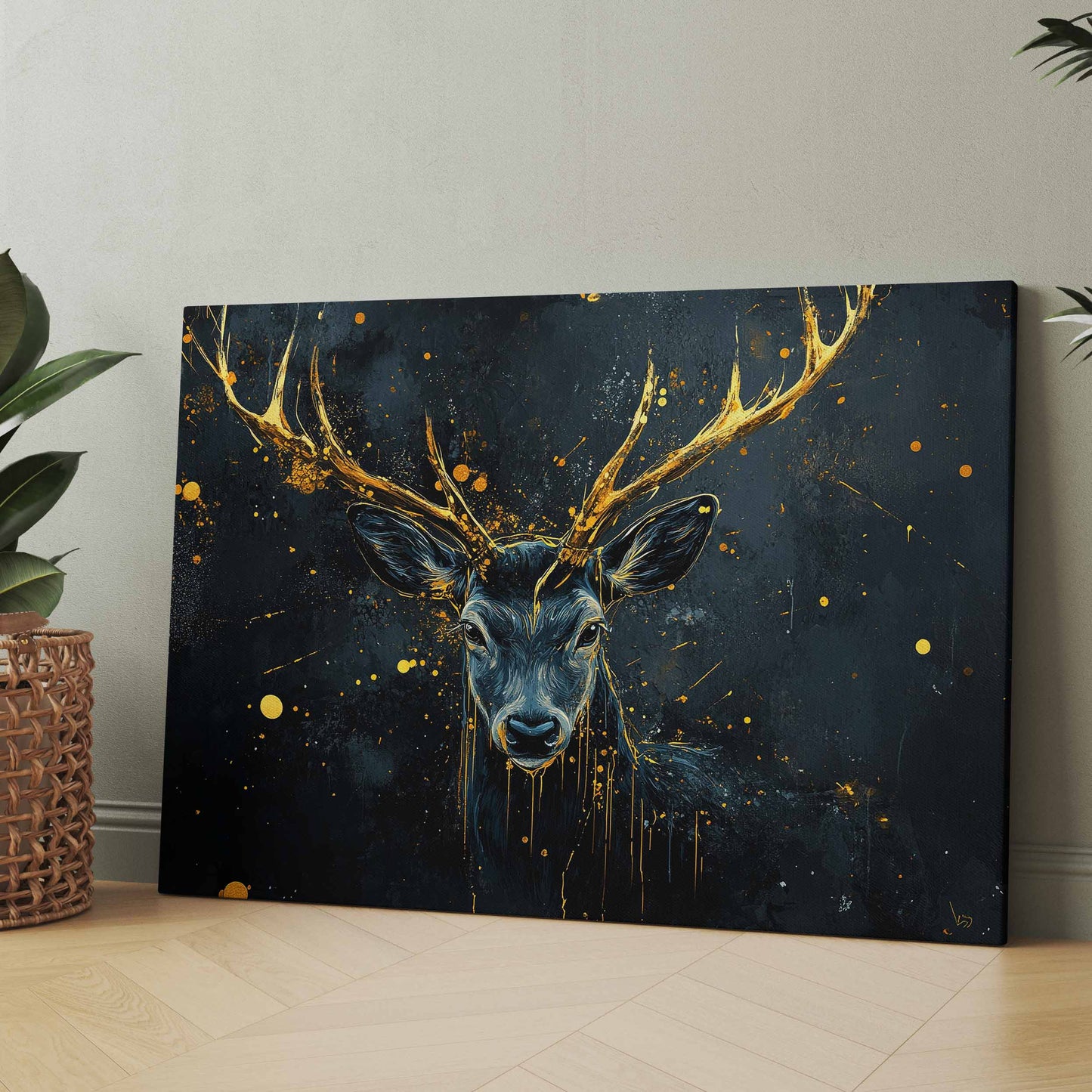 Abstrakte Hirsch-Leinwand mit goldenen Hörnern und Sprenkeln auf dunklem Grund