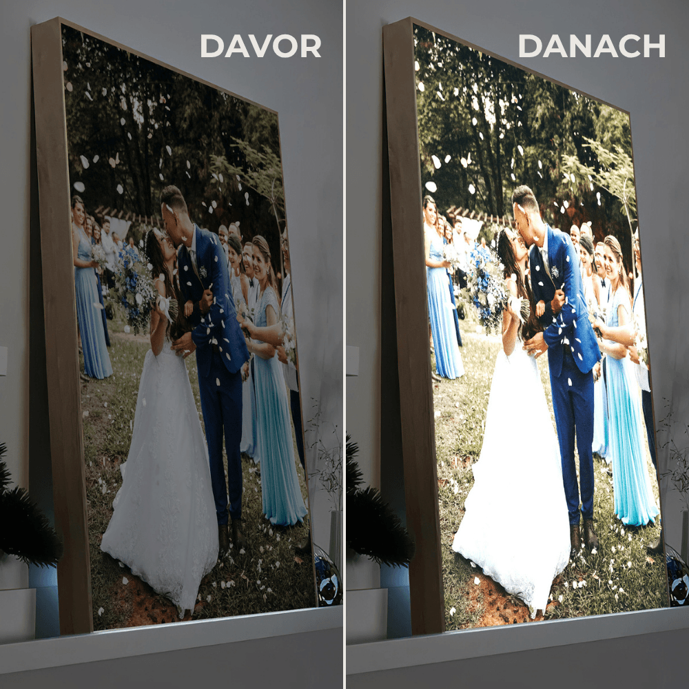 LED-Wandbild mit Wunschmotiv im Holzrahmen, Hochzeitsfoto